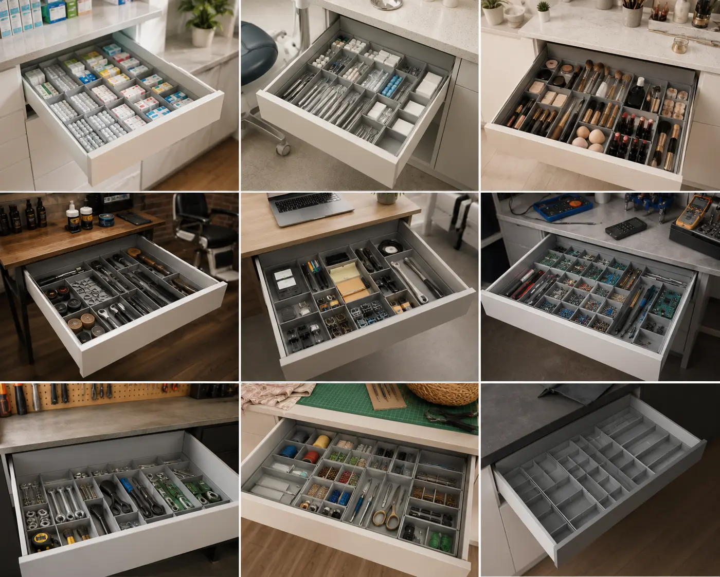 System organizacji szuflad PolyStore dla firm - uporządkowane stanowisko pracy, moduły 42×42 mm