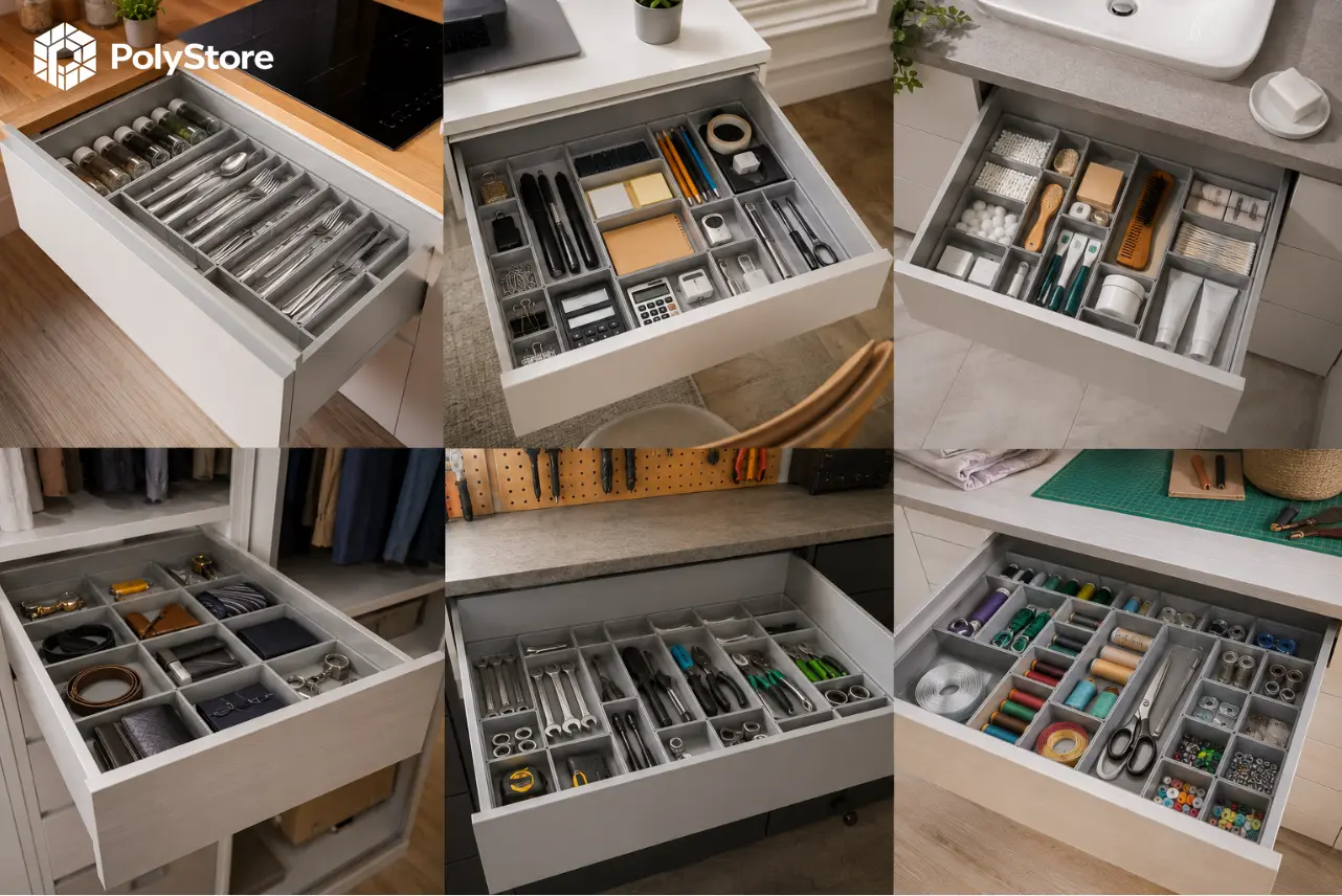 Modułowe organizery PolyStore w szufladzie domowej - system 42×42 mm do kuchni, biura i garderoby