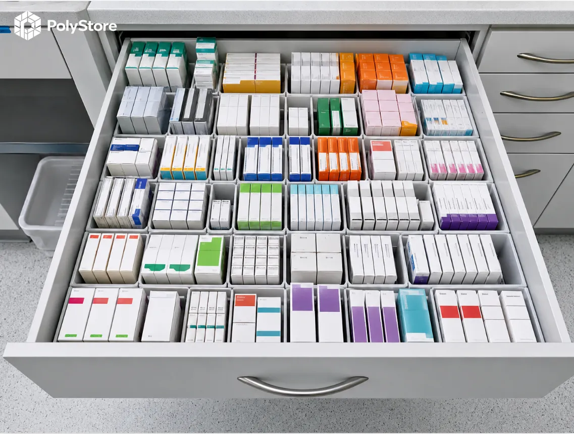 Organizer PolyStore w szufladzie aptecznej - moduły porządkujące i przechowujące