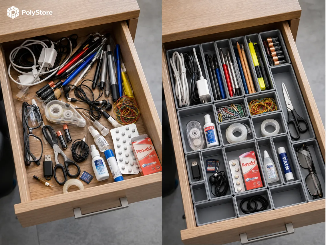 Organizer PolyStore w szufladzie biurowej - standaryzacja stanowisk pracy w firmie