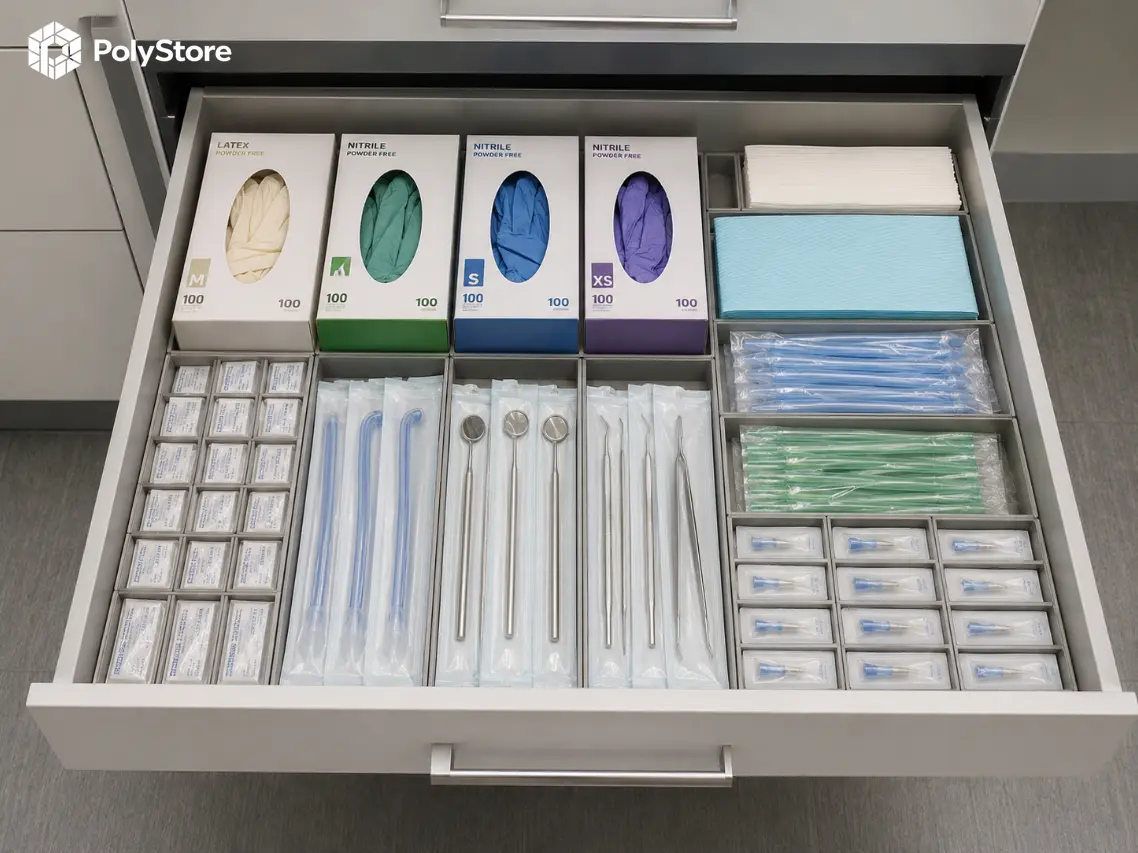 Organizer PolyStore w szufladzie gabinetu stomatologicznego - uporządkowane materiały i akcesoria