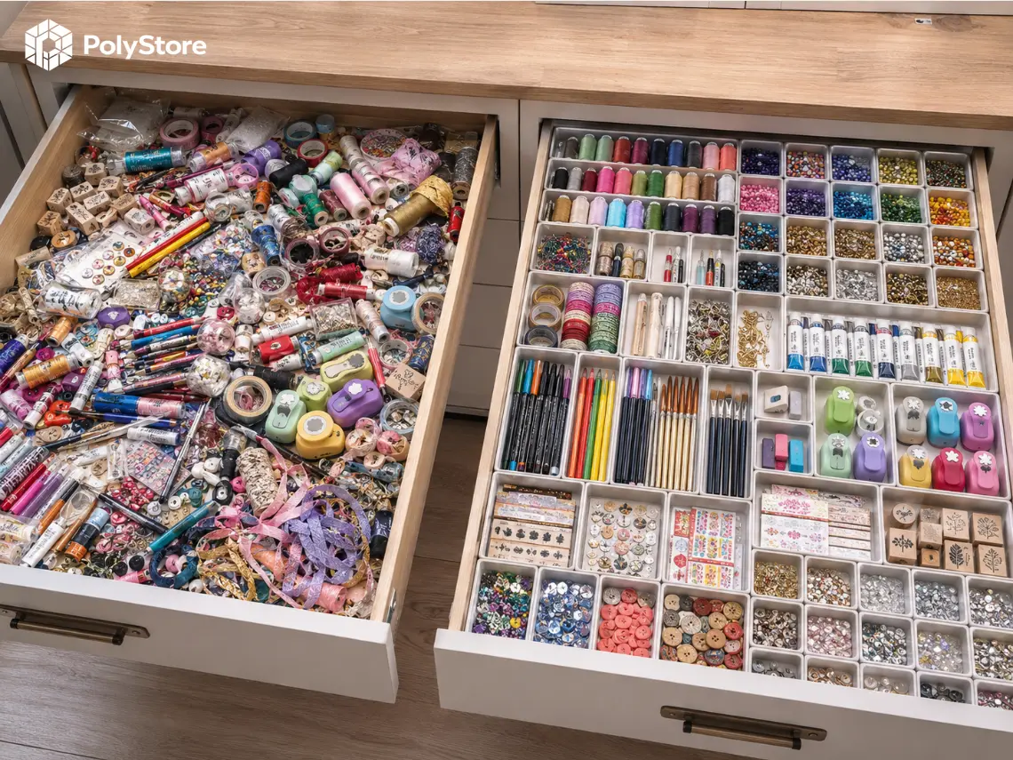 Organizer PolyStore w szufladzie pracowni - pudełka na materiały kreatywne i hobby