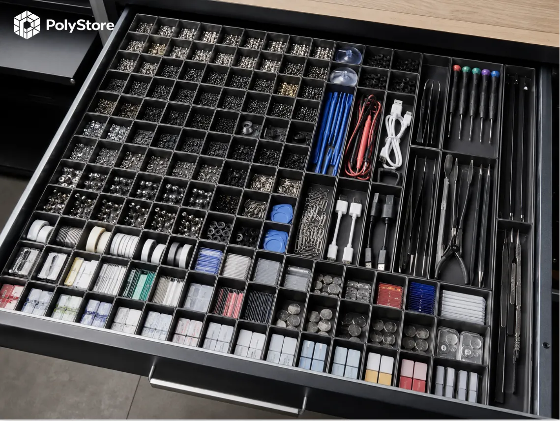 Organizer PolyStore w szufladzie serwisu elektronicznego - drobne części i narzędzia precyzyjne