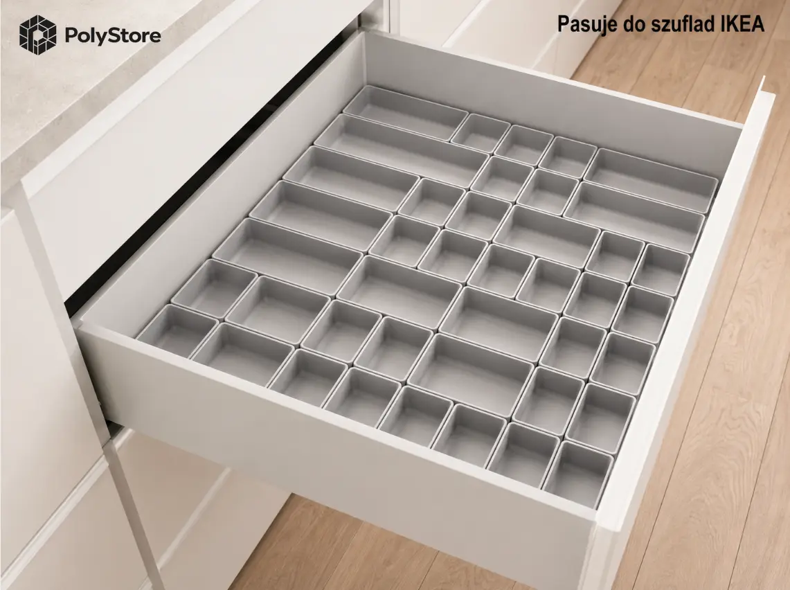 Organizer PolyStore w szufladzie IKEA - moduły 42×42 mm dopasowane do realnego dna