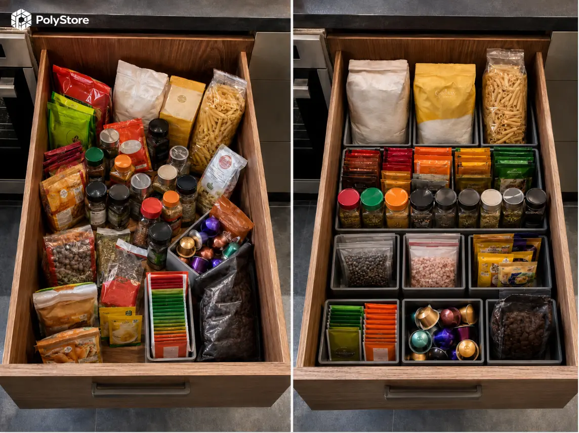 Modułowy organizer PolyStore w szufladzie kuchennej - pudełka na przyprawy i akcesoria
